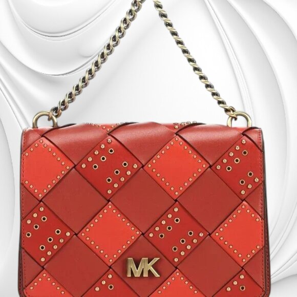 Michael Kors Women's Red Woven Leather Studded Mott Top Handle Bag - Picture 5 of 13